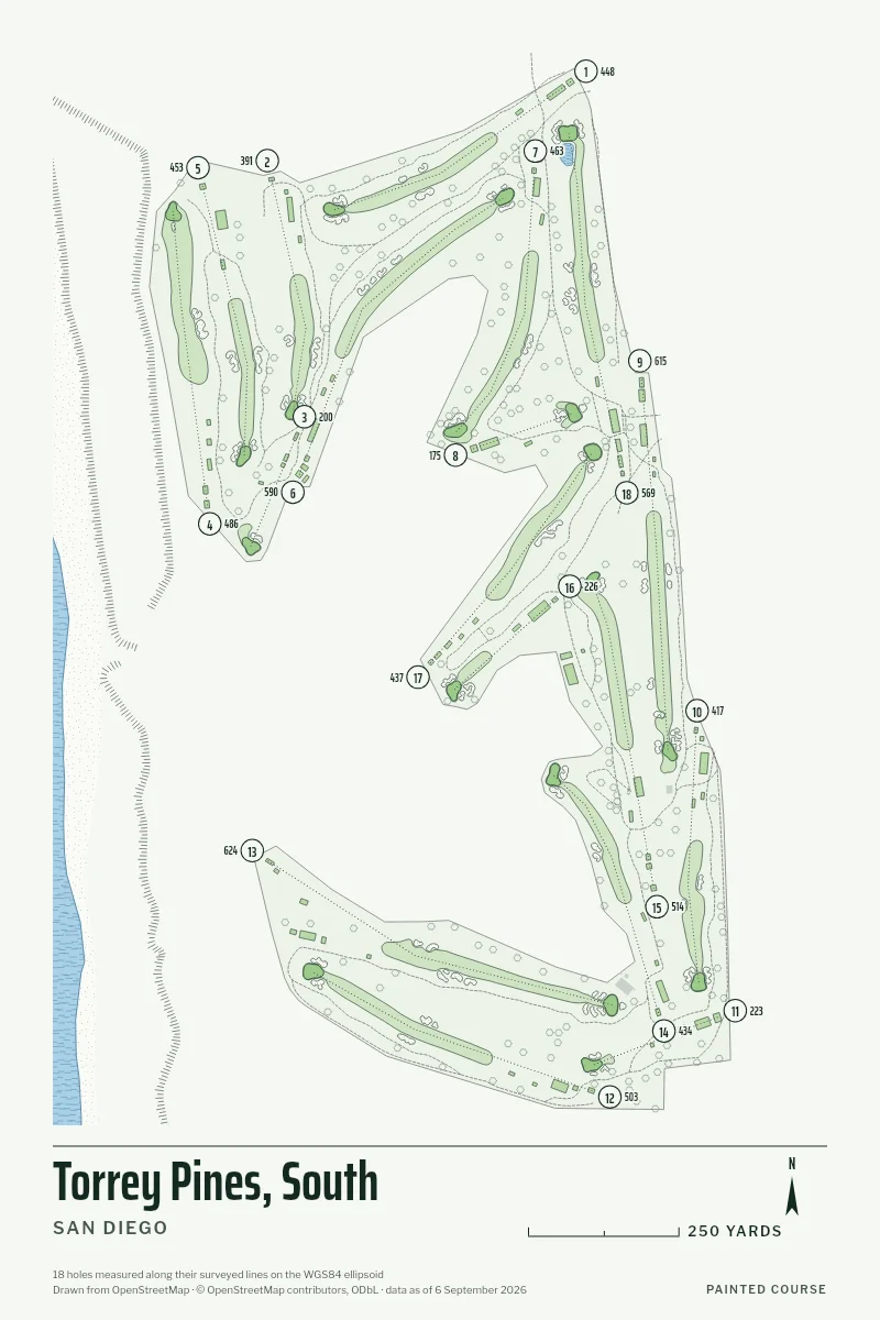 Torrey Pines, South, San Diego, California, USA, drawn in the Yardage style from its OpenStreetMap survey: 18 holes, each numbered at its tee with its measured yards beside it.