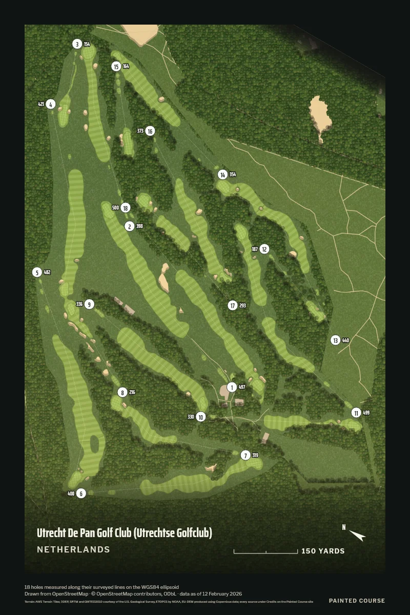 Utrecht De Pan Golf Club (Utrechtse Golfclub), Netherlands, drawn in the Aerial style from its OpenStreetMap survey: 18 holes, each numbered at its tee with its measured yards beside it.
