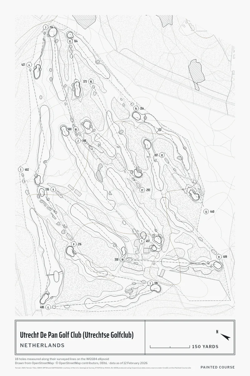 Utrecht De Pan Golf Club (Utrechtse Golfclub), Netherlands, drawn in the Architect style from its OpenStreetMap survey: 18 holes, each numbered at its tee with its measured yards beside it.