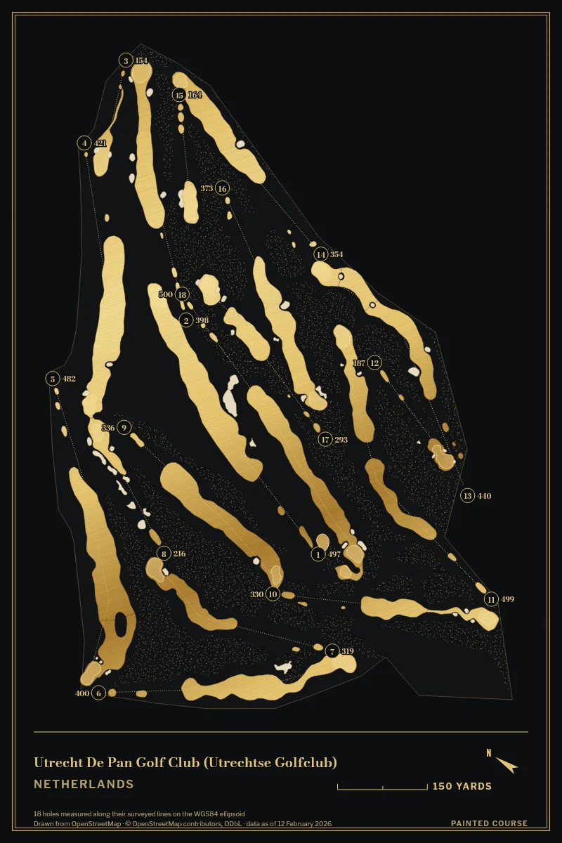 Utrecht De Pan Golf Club (Utrechtse Golfclub), Netherlands, drawn in the Gilt style from its OpenStreetMap survey: 18 holes, each numbered at its tee with its measured yards beside it.