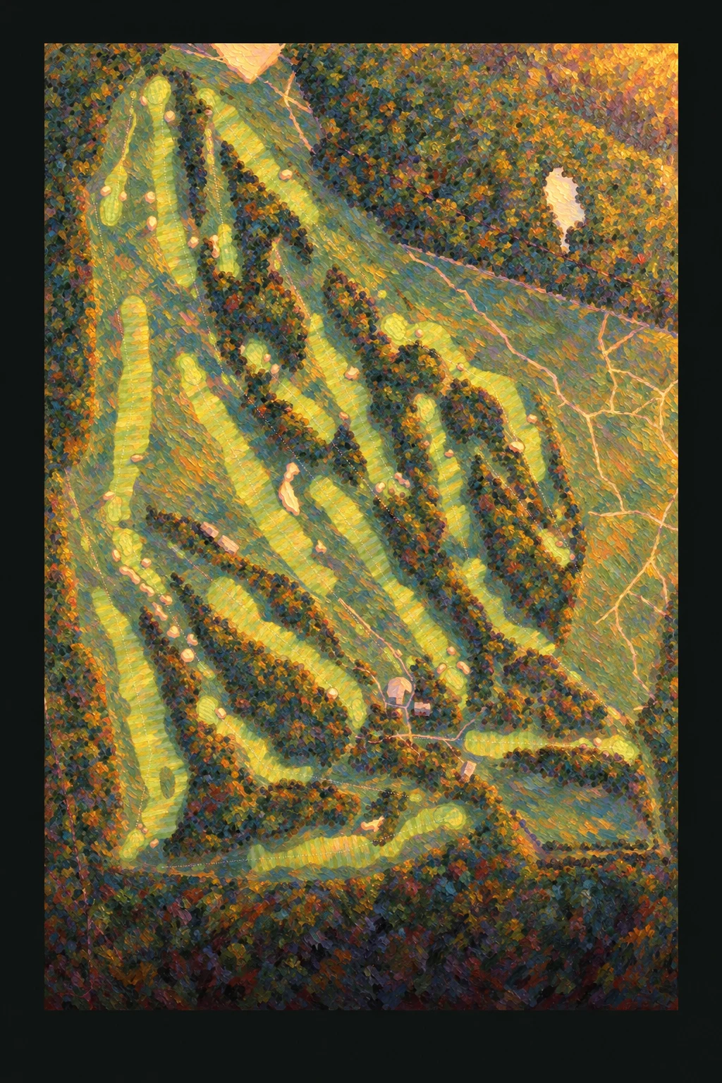 Utrecht De Pan Golf Club (Utrechtse Golfclub), Netherlands, seen from above and painted in the Impressionist manner after Claude Monet: the routing of its 18 holes, its greens and its bunkers, in paint.