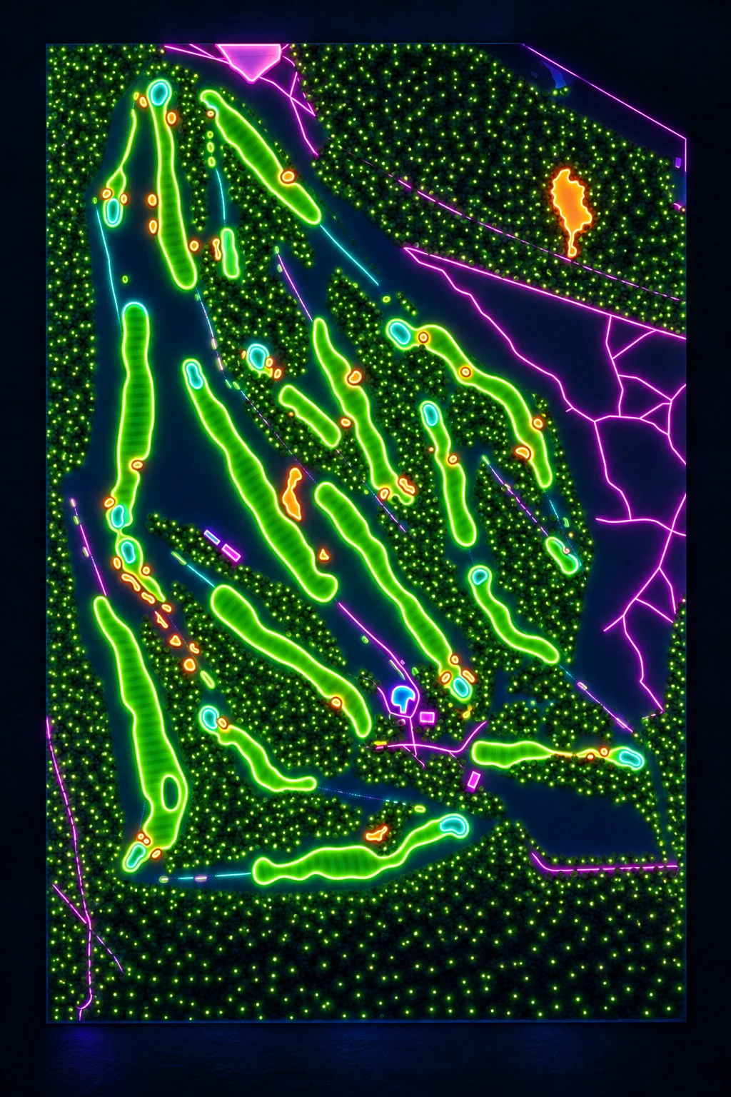 Utrecht De Pan Golf Club (Utrechtse Golfclub), Netherlands, seen from above and painted in the Neon manner: the routing of its 18 holes, its greens and its bunkers, in paint.