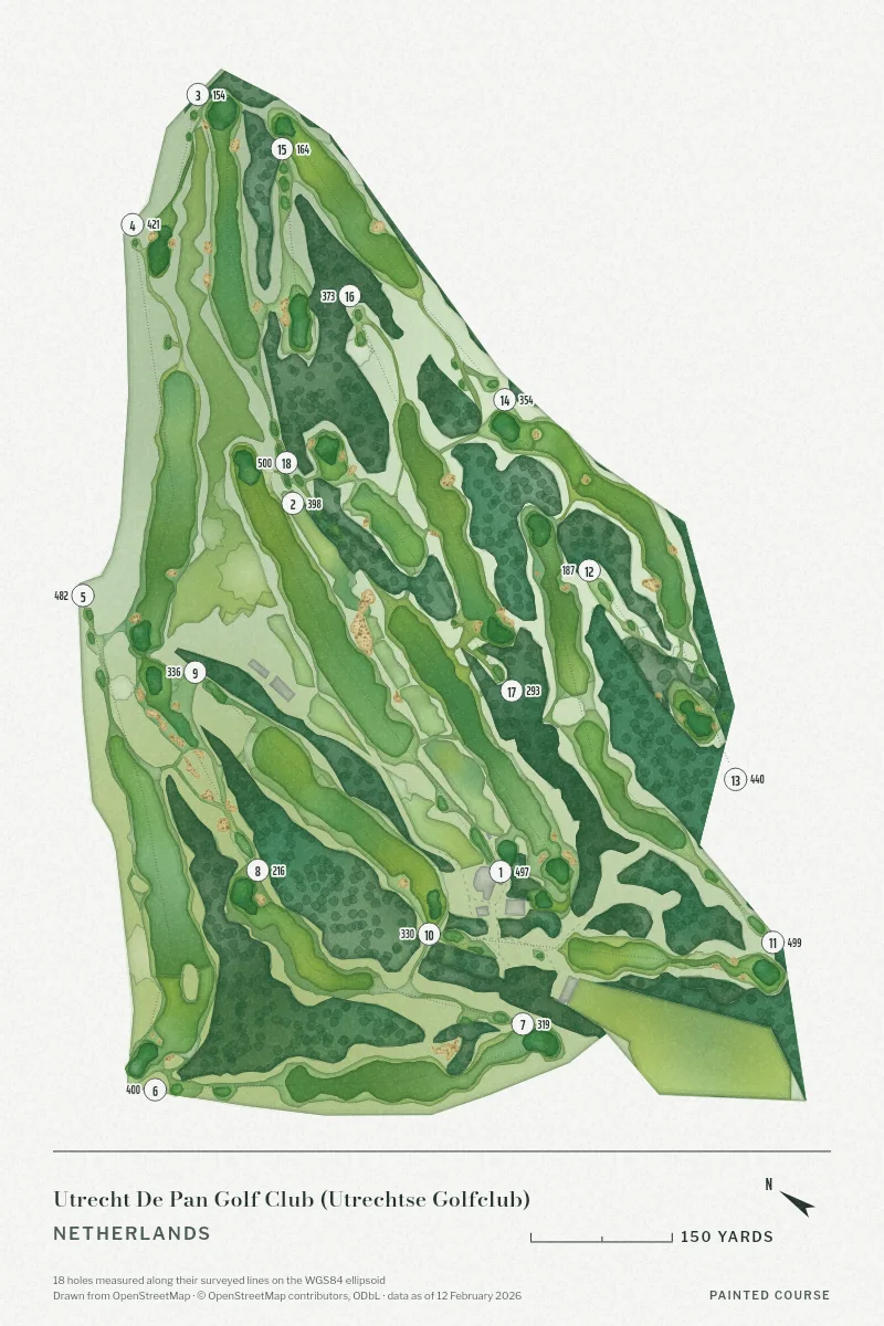 Utrecht De Pan Golf Club (Utrechtse Golfclub), Netherlands, drawn in the Watercolour style from its OpenStreetMap survey: 18 holes, each numbered at its tee with its measured yards beside it.