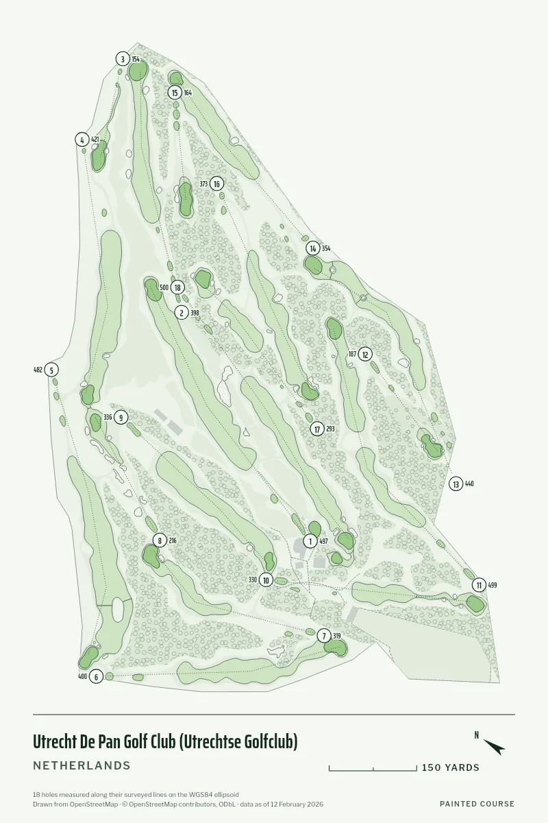 Utrecht De Pan Golf Club (Utrechtse Golfclub), Netherlands, drawn in the Yardage style from its OpenStreetMap survey: 18 holes, each numbered at its tee with its measured yards beside it.