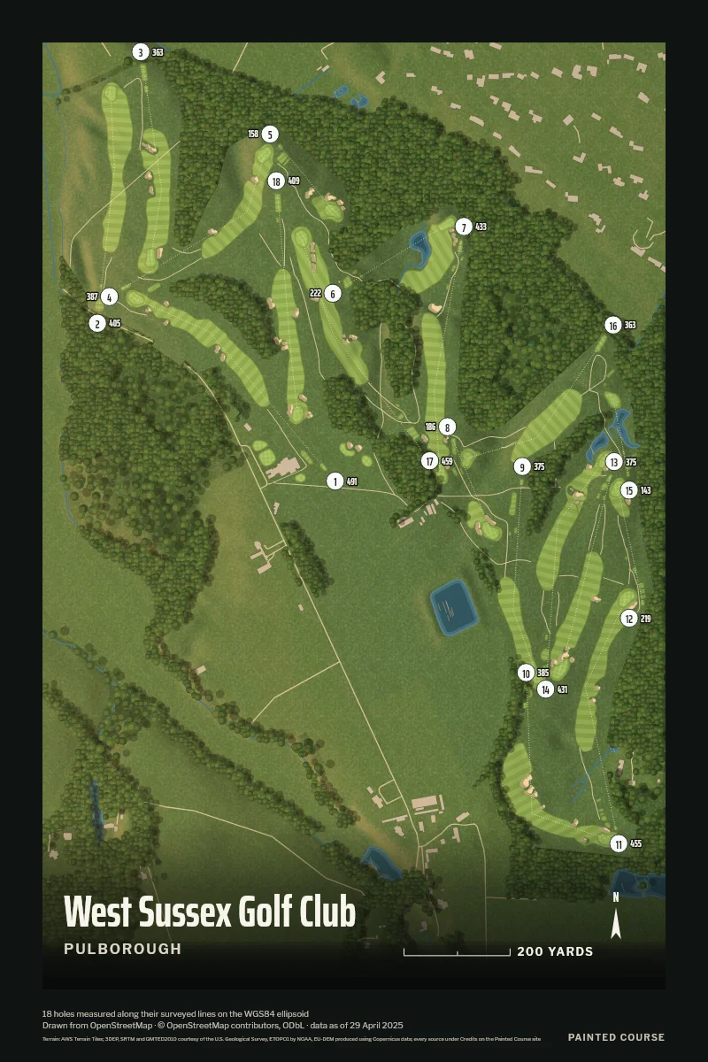 West Sussex Golf Club, Pulborough, England, drawn in the Aerial style from its OpenStreetMap survey: 18 holes, each numbered at its tee with its measured yards beside it.