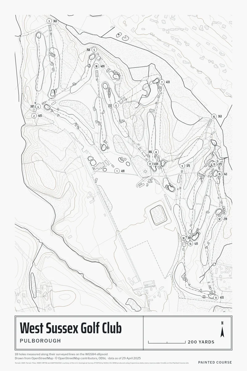 West Sussex Golf Club, Pulborough, England, drawn in the Architect style from its OpenStreetMap survey: 18 holes, each numbered at its tee with its measured yards beside it.