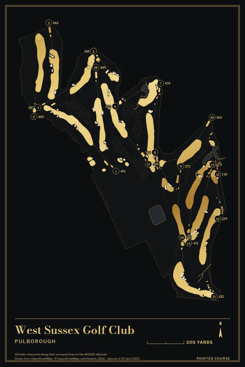 West Sussex Golf Club, Pulborough, England, drawn in the Gilt style from its OpenStreetMap survey: 18 holes, each numbered at its tee with its measured yards beside it.