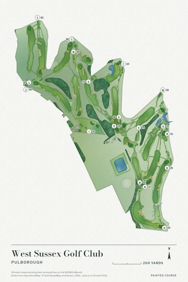 West Sussex Golf Club, Pulborough, England, drawn in the Watercolour style from its OpenStreetMap survey: 18 holes, each numbered at its tee with its measured yards beside it.