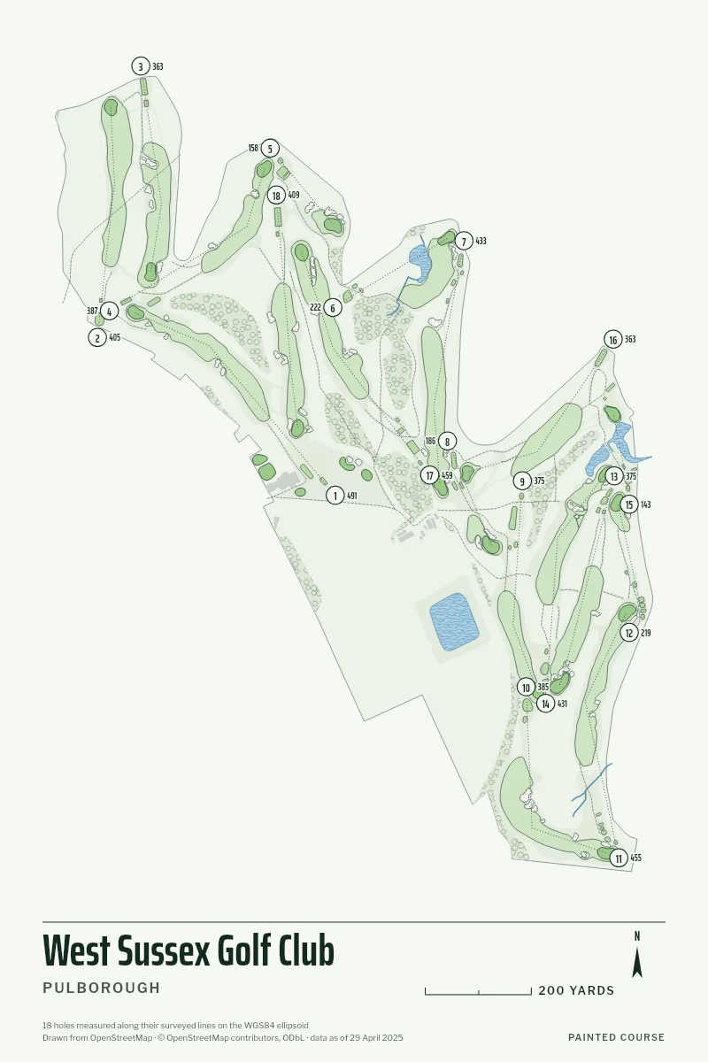 West Sussex Golf Club, Pulborough, England, drawn in the Yardage style from its OpenStreetMap survey: 18 holes, each numbered at its tee with its measured yards beside it.