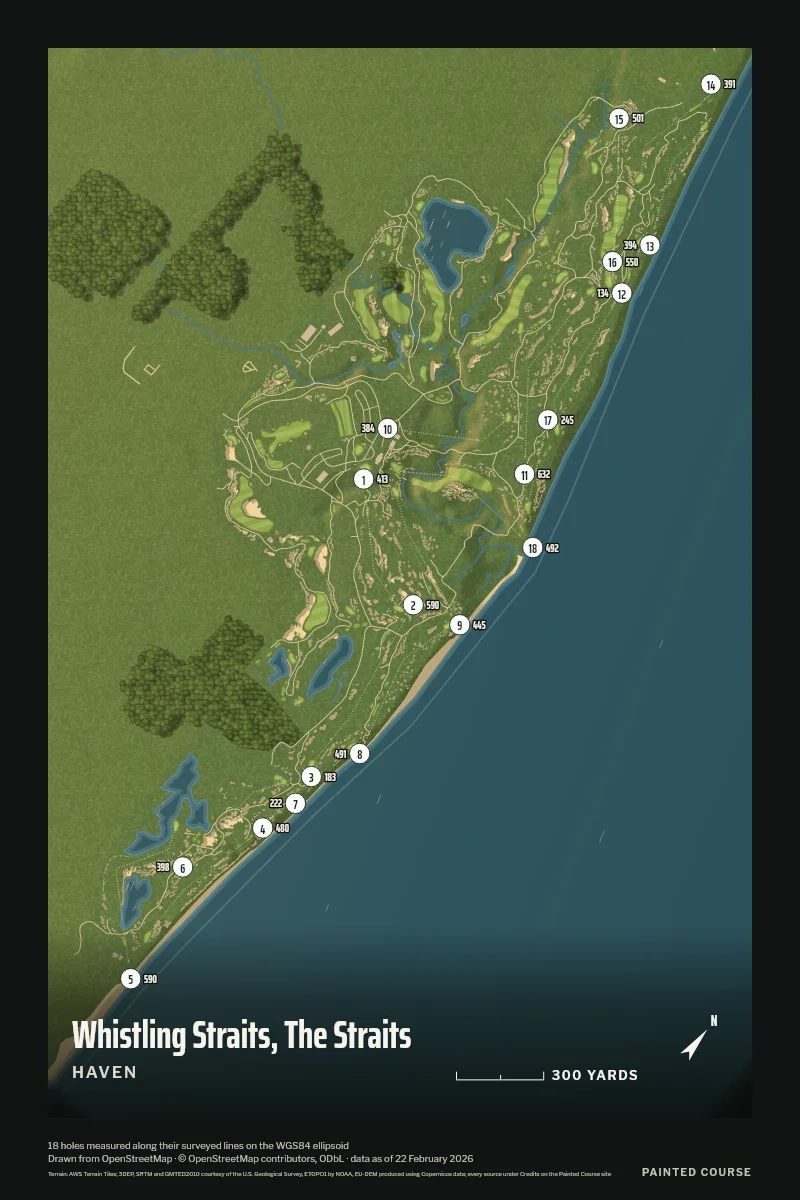 Whistling Straits, The Straits, Haven, Wisconsin, USA, drawn in the Aerial style from its OpenStreetMap survey: 18 holes, each numbered at its tee with its measured yards beside it.