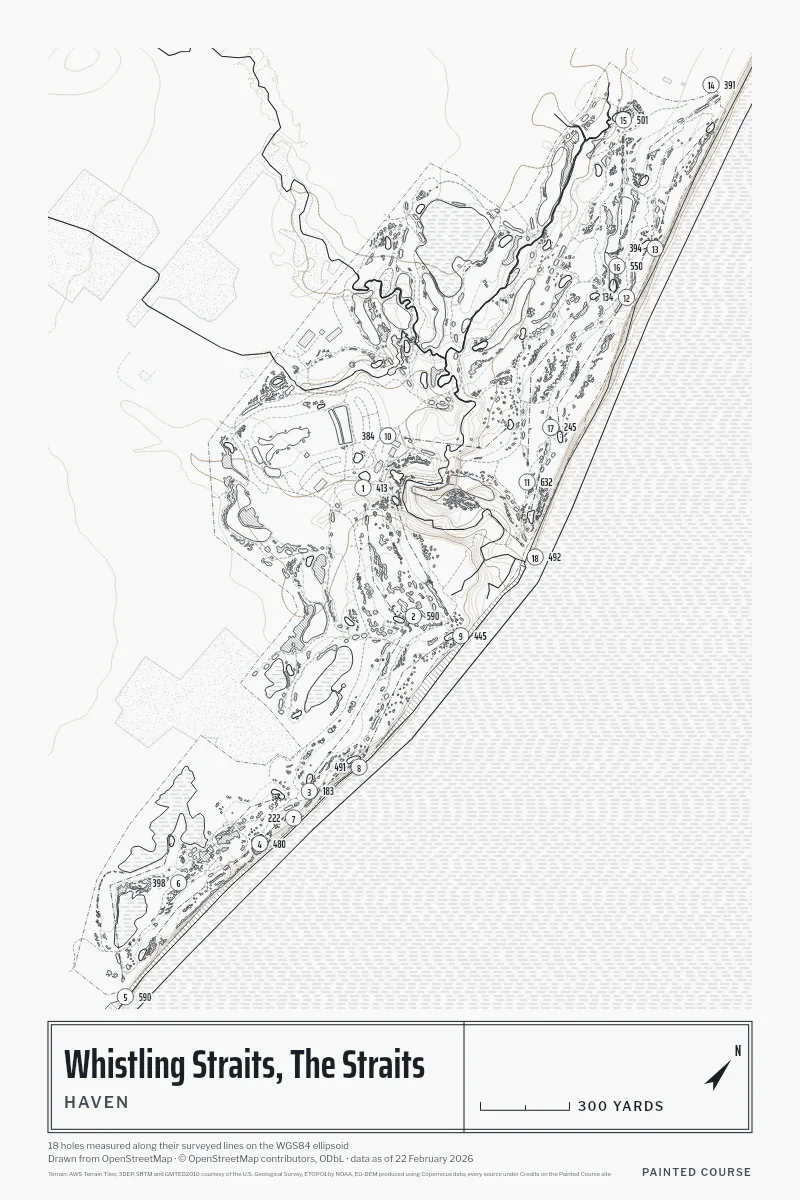 Whistling Straits, The Straits, Haven, Wisconsin, USA, drawn in the Architect style from its OpenStreetMap survey: 18 holes, each numbered at its tee with its measured yards beside it.