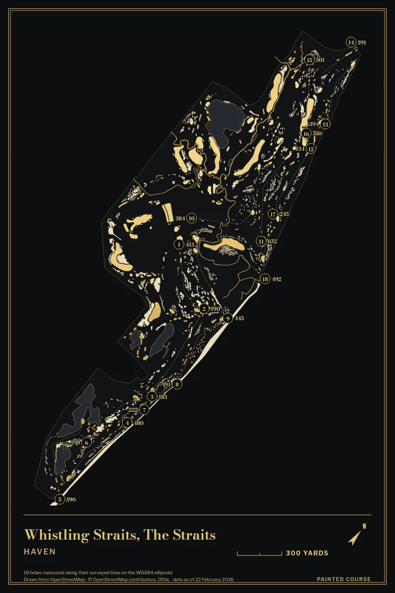 Whistling Straits, The Straits, Haven, Wisconsin, USA, drawn in the Gilt style from its OpenStreetMap survey: 18 holes, each numbered at its tee with its measured yards beside it.