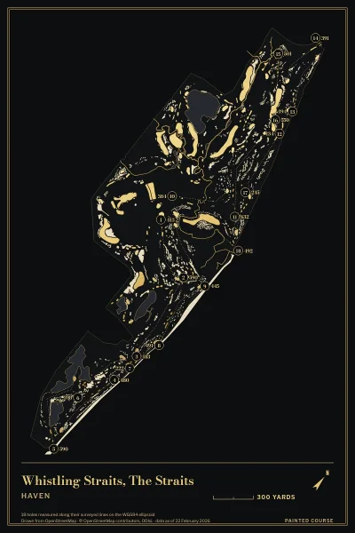 Whistling Straits, The Straits, Haven, Wisconsin, USA, drawn in the Gilt style from its OpenStreetMap survey: 18 holes, each numbered at its tee with its measured yards beside it.
