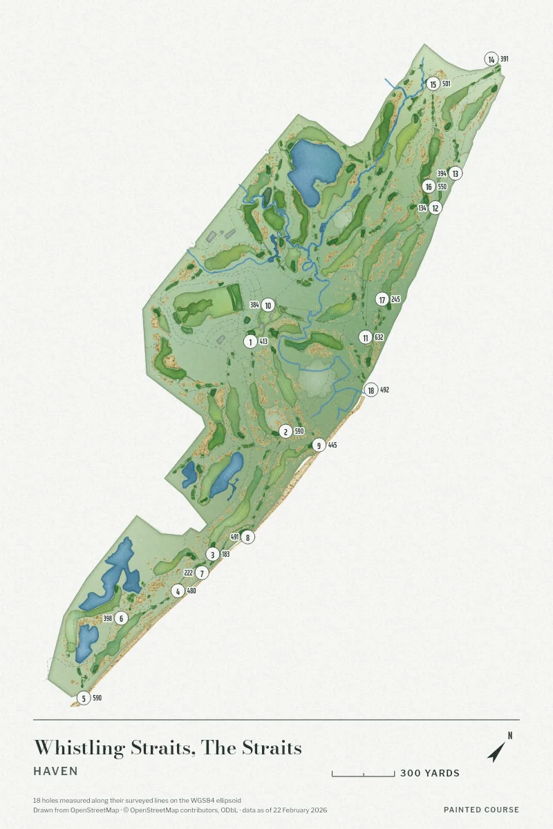 Whistling Straits, The Straits, Haven, Wisconsin, USA, drawn in the Watercolour style from its OpenStreetMap survey: 18 holes, each numbered at its tee with its measured yards beside it.