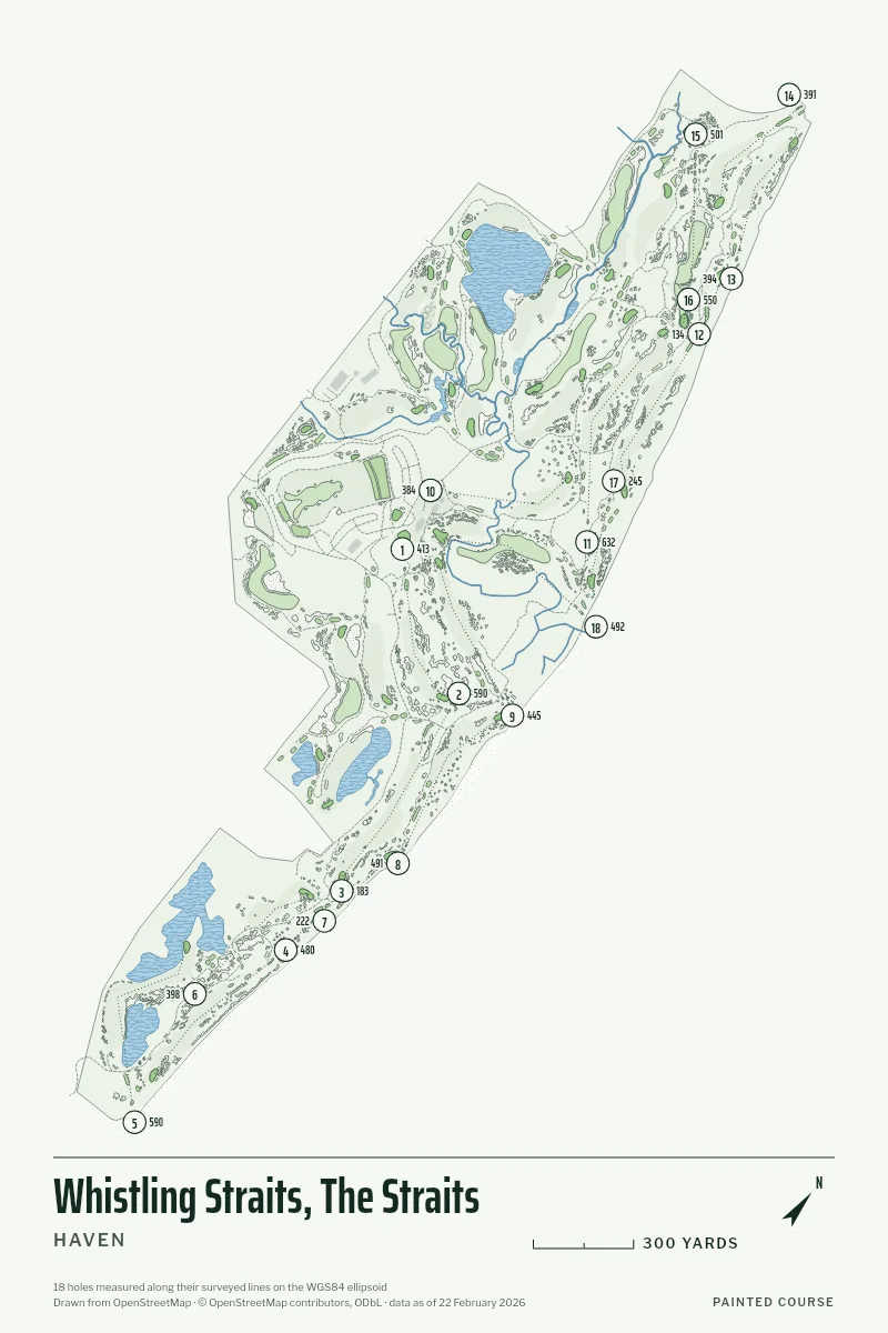 Whistling Straits, The Straits, Haven, Wisconsin, USA, drawn in the Yardage style from its OpenStreetMap survey: 18 holes, each numbered at its tee with its measured yards beside it.
