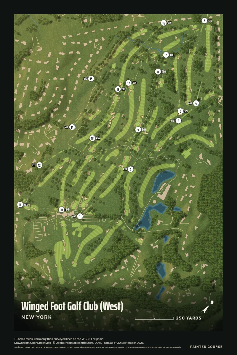 Winged Foot Golf Club (West), New York, USA, drawn in the Aerial style from its OpenStreetMap survey: 18 holes, each numbered at its tee with its measured yards beside it.