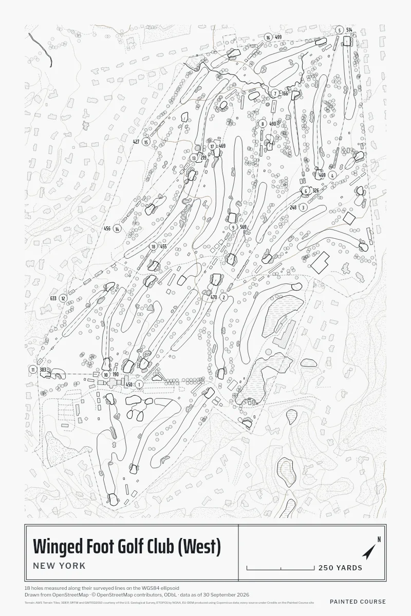 Winged Foot Golf Club (West), New York, USA, drawn in the Architect style from its OpenStreetMap survey: 18 holes, each numbered at its tee with its measured yards beside it.