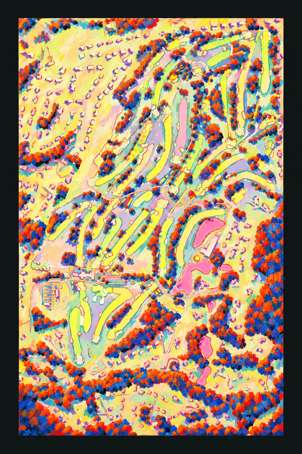 Winged Foot Golf Club (West), New York, USA, seen from above and painted in the Fauve manner after the Fauves of 1905: the routing of its 18 holes, its greens and its bunkers, in paint.