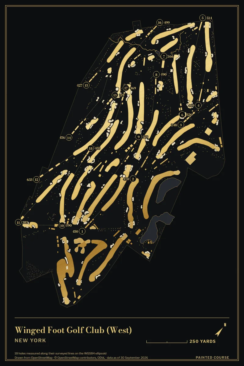 Winged Foot Golf Club (West), New York, USA, drawn in the Gilt style from its OpenStreetMap survey: 18 holes, each numbered at its tee with its measured yards beside it.
