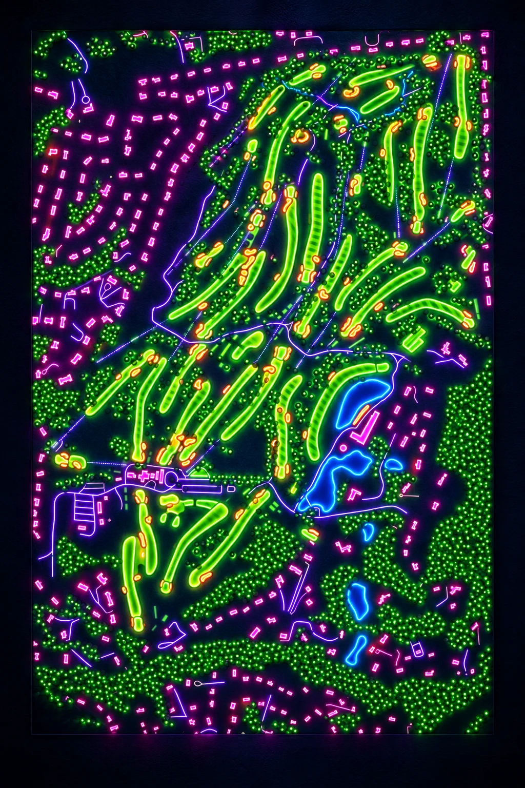 Winged Foot Golf Club (West), New York, USA, seen from above and painted in the Neon manner: the routing of its 18 holes, its greens and its bunkers, in paint.