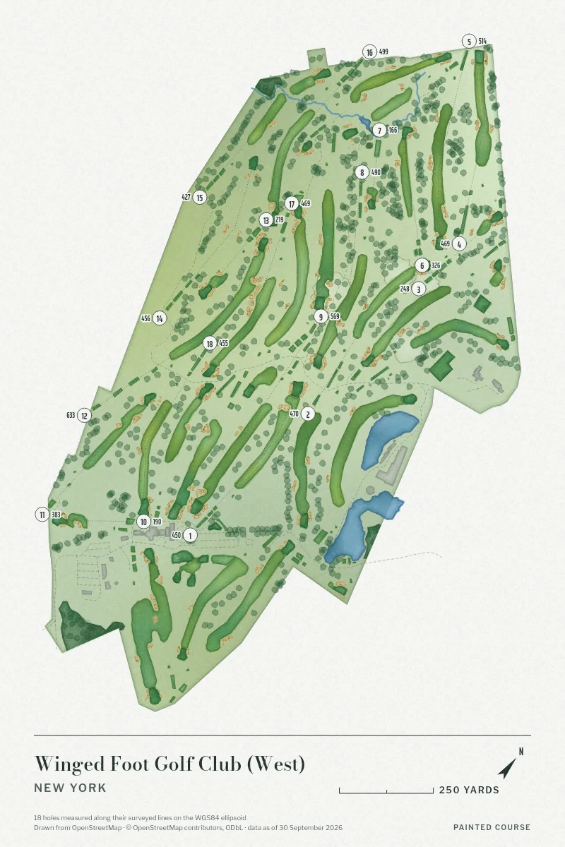 Winged Foot Golf Club (West), New York, USA, drawn in the Watercolour style from its OpenStreetMap survey: 18 holes, each numbered at its tee with its measured yards beside it.