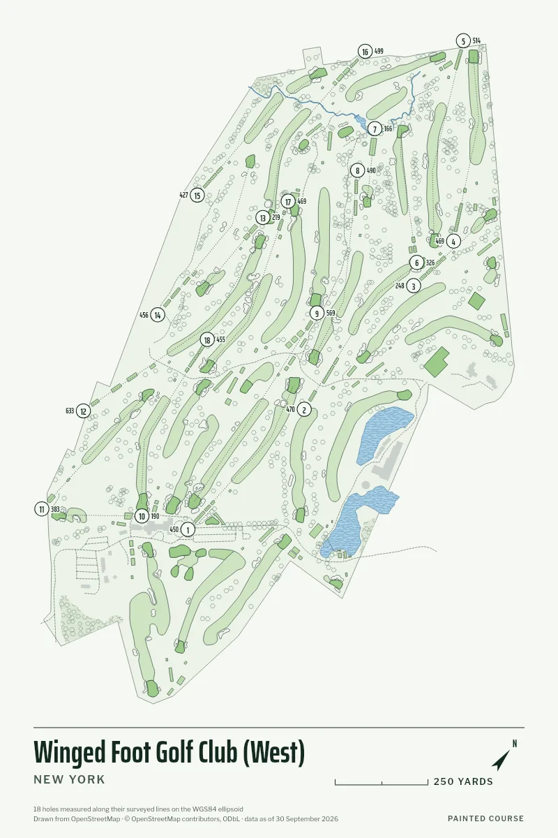 Winged Foot Golf Club (West), New York, USA, drawn in the Yardage style from its OpenStreetMap survey: 18 holes, each numbered at its tee with its measured yards beside it.
