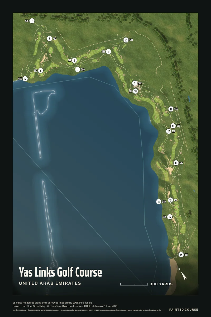Yas Links Golf Course, United Arab Emirates, drawn in the Aerial style from its OpenStreetMap survey: 18 holes, each numbered at its tee with its measured yards beside it.