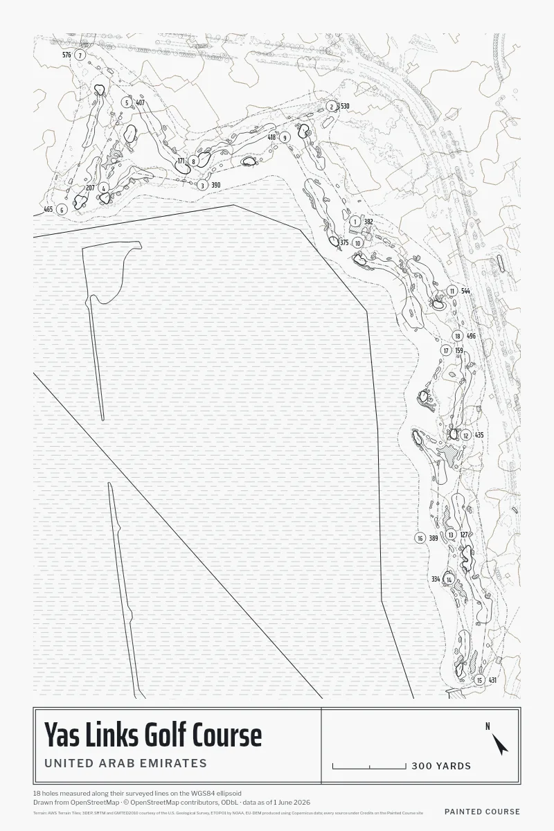 Yas Links Golf Course, United Arab Emirates, drawn in the Architect style from its OpenStreetMap survey: 18 holes, each numbered at its tee with its measured yards beside it.