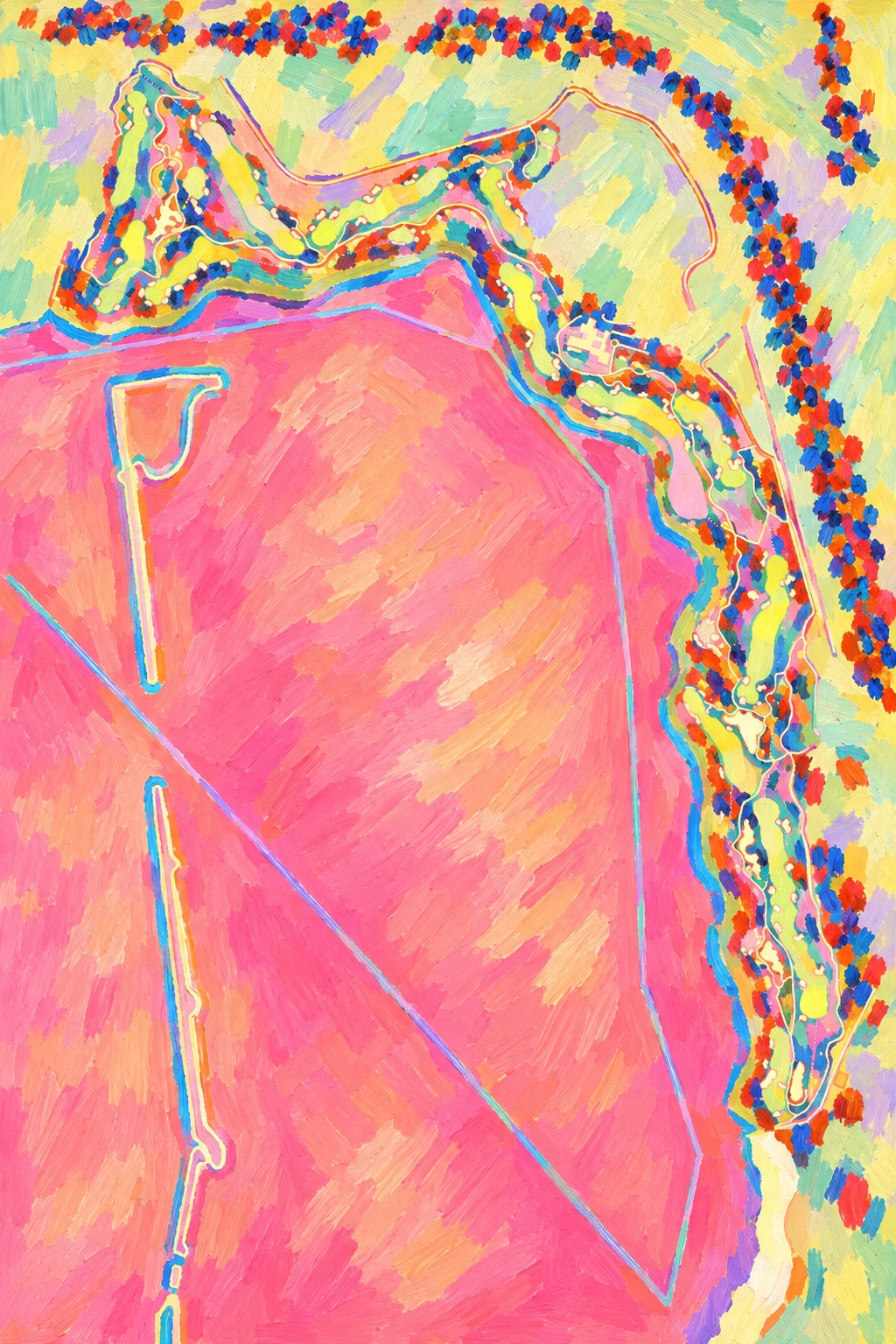 Yas Links Golf Course, United Arab Emirates, seen from above and painted in the Fauve manner after the Fauves of 1905: the routing of its 18 holes, its greens and its bunkers, in paint.