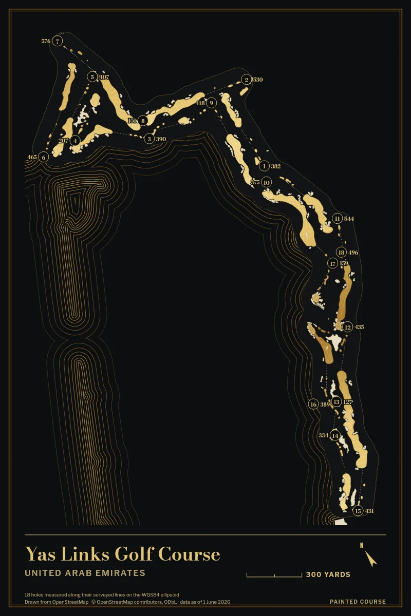 Yas Links Golf Course, United Arab Emirates, drawn in the Gilt style from its OpenStreetMap survey: 18 holes, each numbered at its tee with its measured yards beside it.