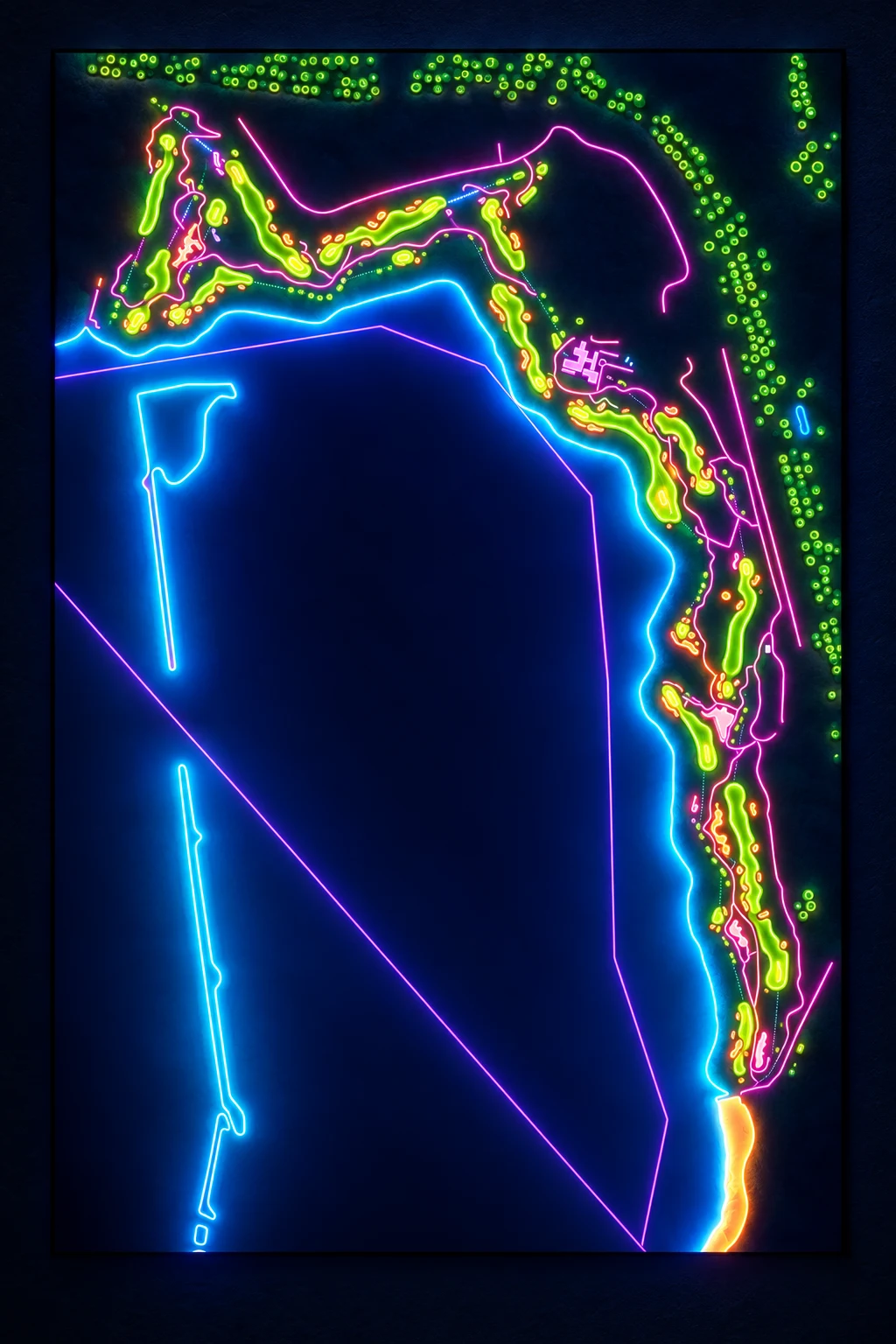Yas Links Golf Course, United Arab Emirates, seen from above and painted in the Neon manner: the routing of its 18 holes, its greens and its bunkers, in paint.