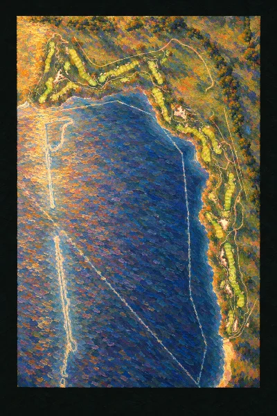 Yas Links Golf Course, United Arab Emirates, drawn in the Gilt style from its OpenStreetMap survey: 18 holes, each numbered at its tee with its measured yards beside it.
