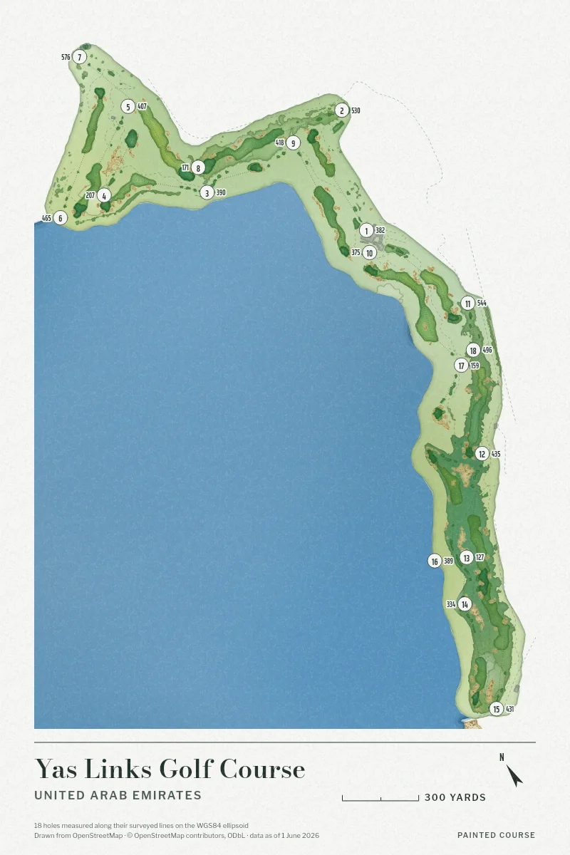 Yas Links Golf Course, United Arab Emirates, drawn in the Watercolour style from its OpenStreetMap survey: 18 holes, each numbered at its tee with its measured yards beside it.