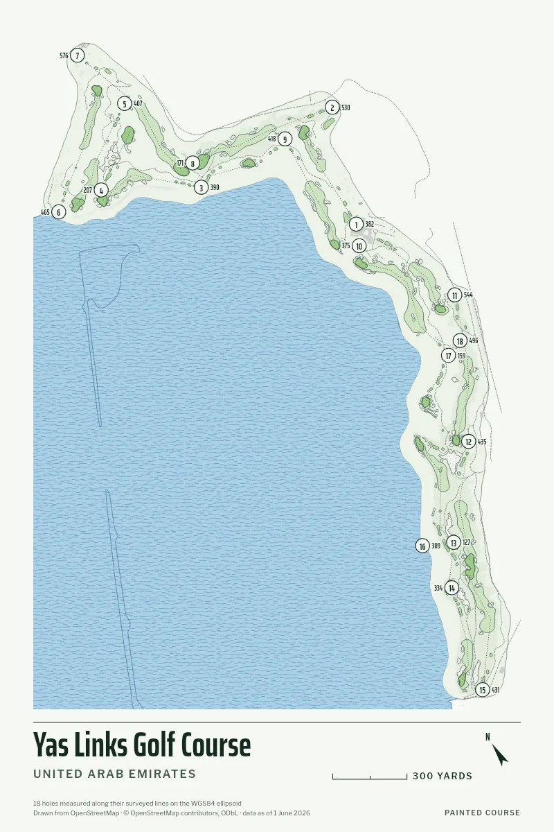 Yas Links Golf Course, United Arab Emirates, drawn in the Yardage style from its OpenStreetMap survey: 18 holes, each numbered at its tee with its measured yards beside it.