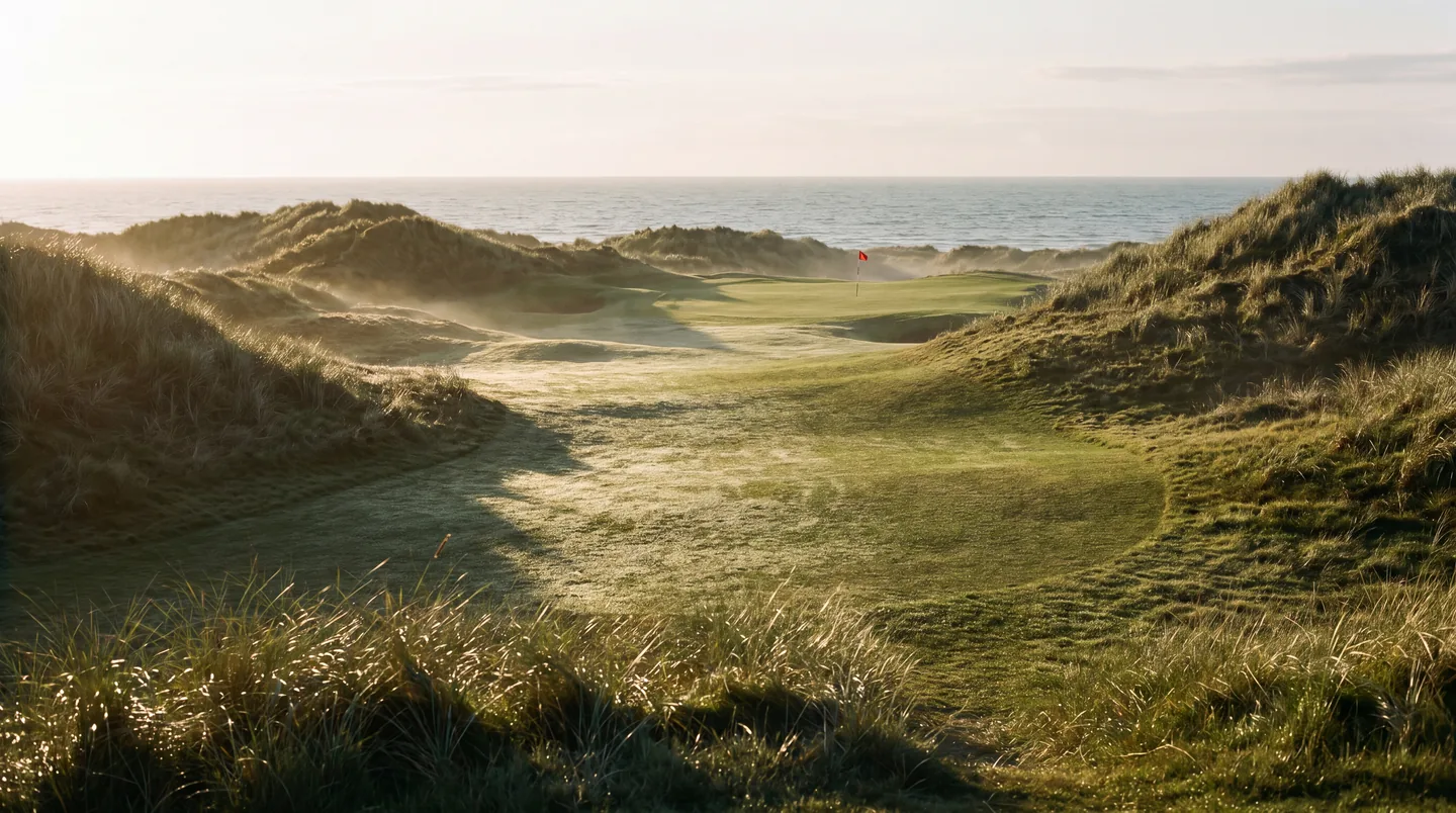 First light on a links hole: dew on the fairway, a red flag on the green between the dunes, the sea behind.