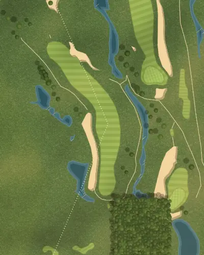 The 2nd at the Ocean Course in Aerial: mown fairways and shadowed dunes, as seen from above.