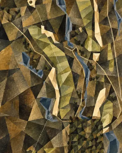 The 2nd at the Ocean Course in Cubist: the dunes and fairways broken into ochre and olive planes.