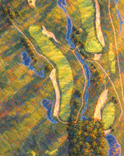 The 2nd at the Ocean Course in Impressionist: the fairways in short strokes of gold and green light.