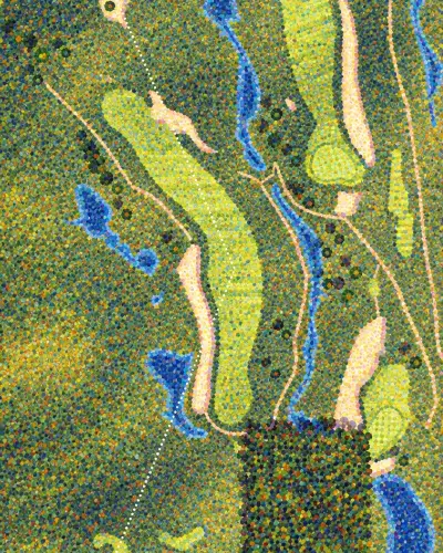 The 2nd at the Ocean Course in Pointillist: fairways and rough built from dots of green and gold.