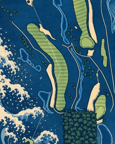 The 2nd at the Ocean Course in Woodblock: Prussian blue waves breaking round cream fairways.