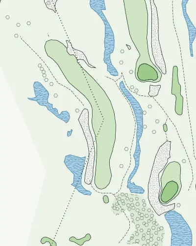 The 2nd at the Ocean Course in Yardage: pale greens and blue water drawn in fine line on white.