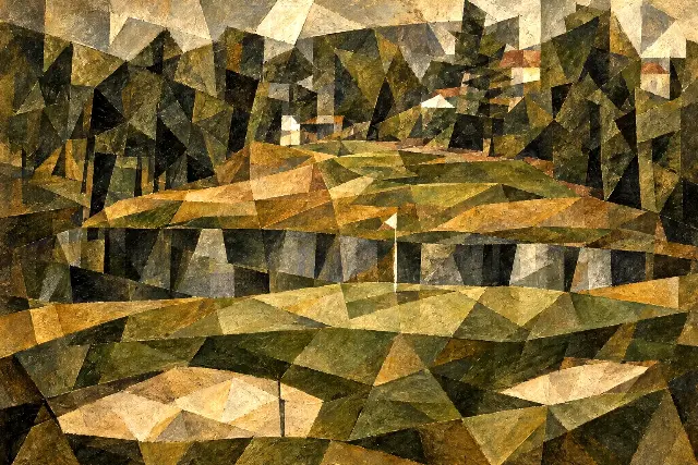 The painting: the same green turned into overlapping planes of ochre, grey and olive, the flag standing in the middle.