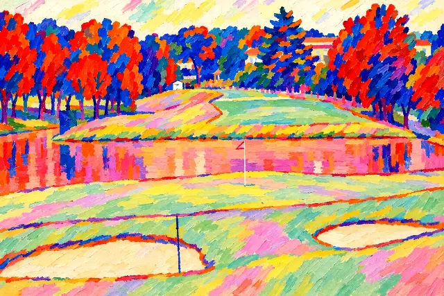 The painting: the same green in pastel lime and pink, the pond streaked rose, the trees in red, orange and blue.