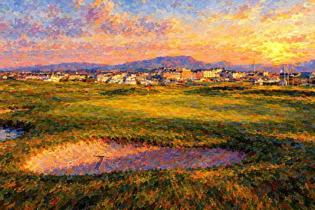 The painting: the same bunker, flag and town in short strokes of orange, green and violet under a flaming evening sky.