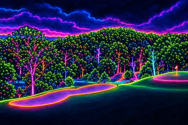 The painting: the same bunker outlined in pink and violet light, the trees strung with green lights under a purple night sky.