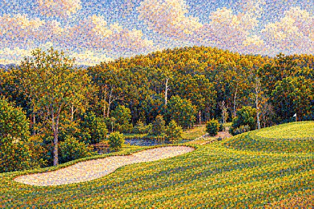 The painting: the same bunker and hillside built from small dots of pure colour, the flag at the right edge.