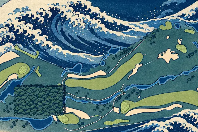 The painting: the same hole in Prussian blue and cream, with rows of breaking waves around the fairways and the line of play still drawn.