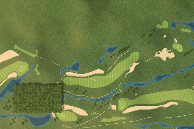 Our Aerial drawing of the 2nd at the Ocean Course, Kiawah Island: fairways, sand and water from the survey, seen from above.