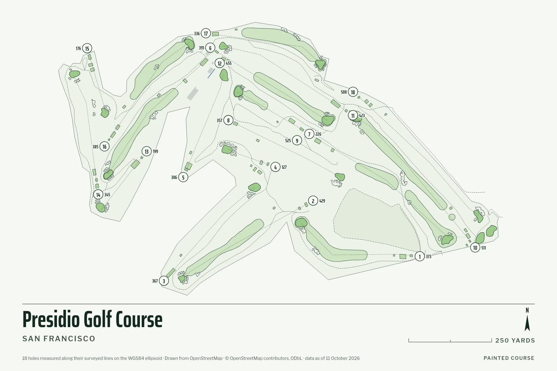 The Course in Card: Presidio Golf Course with all eighteen holes, each number at its tee and its yards beside it.