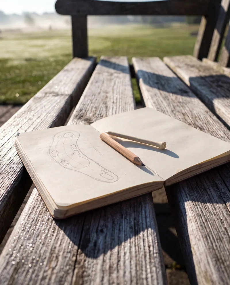 A yardage book open on a wooden bench at sunrise, a pencil across its page of hole drawings and figures.